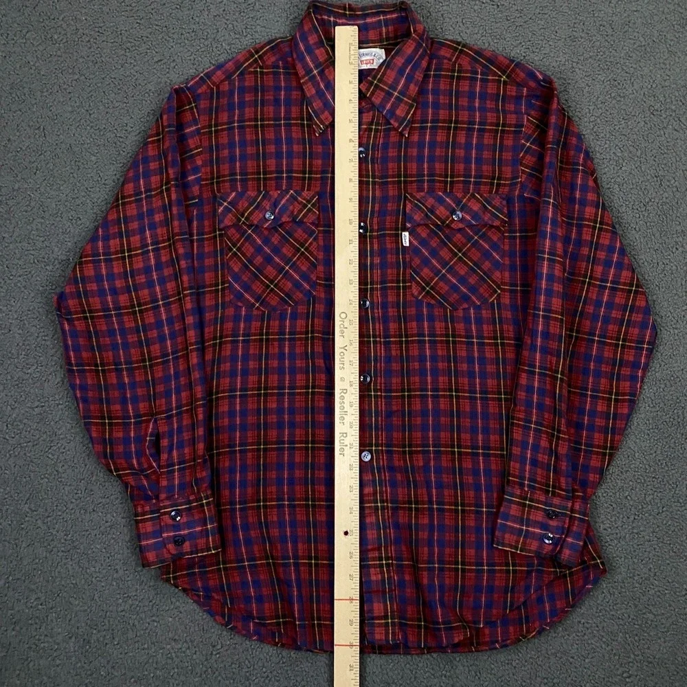Vintage 70s 80s Levis Shirt Mens Large Red Plaid Western Button Up Flap Pocket